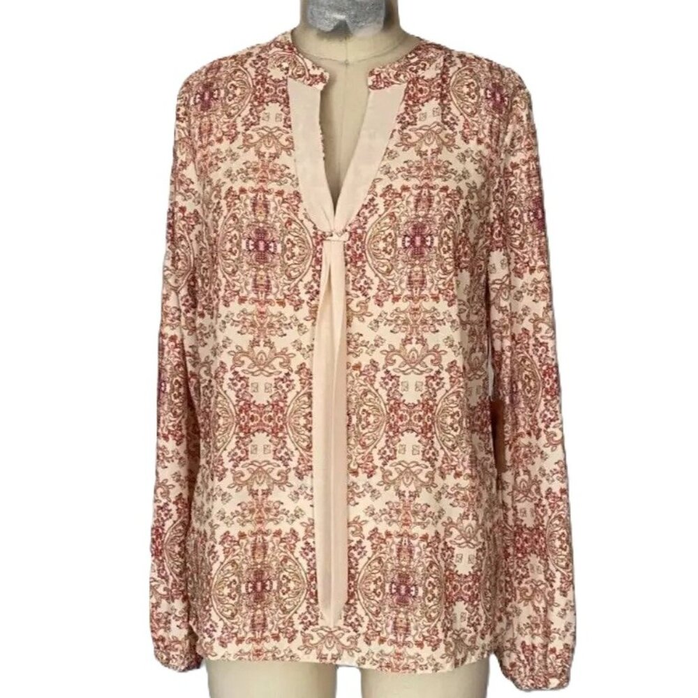 FOREVER 21 Red Mandala Print Tie Collar Slouchy Blouse Tunic Shirt *SMALL*